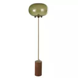 Lampadaire en bois d’hévéa, métal doré et globe en verre martelé vert H150