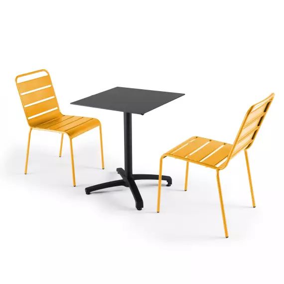 Ensemble table de jardin stratifié noir et 2 chaises jaune