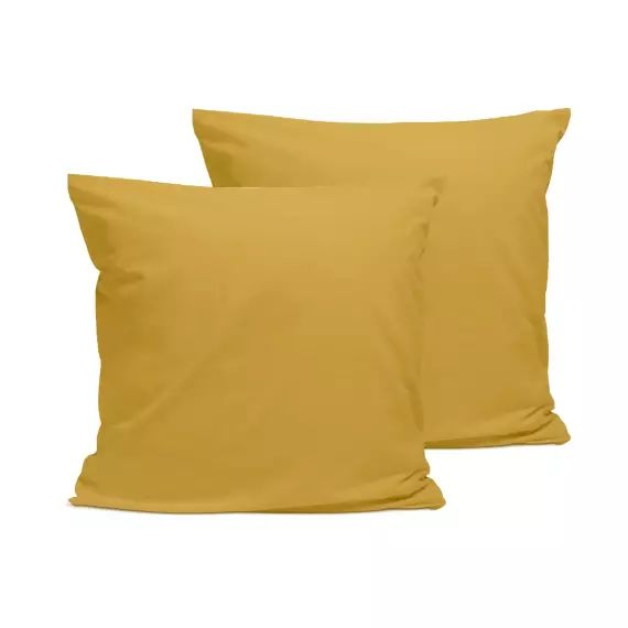 Lot de 2 taies d&rsquo;oreiller unies en percale de coton moutarde 65x65cm