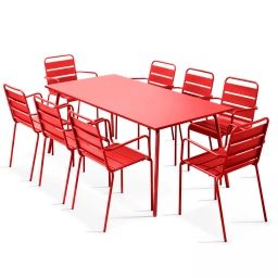 Table de jardin et 8 fauteuils en métal rouge