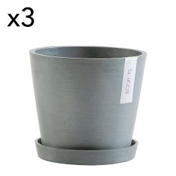 Lot de 3 pots de fleurs avec soucoupe bleu gris D20
