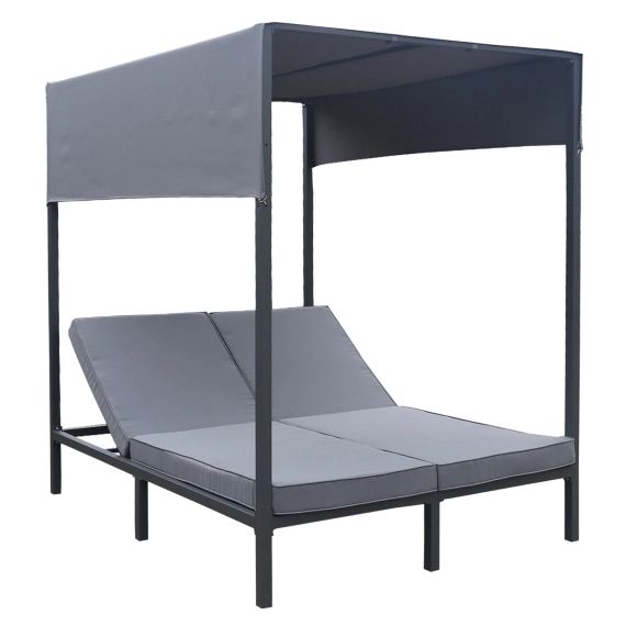 Lit d&rsquo;extérieur en aluminium anthracite et coussins gris