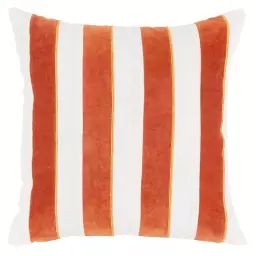 Housse de coussin en velours de coton motifs à rayures orange et écru 40×40