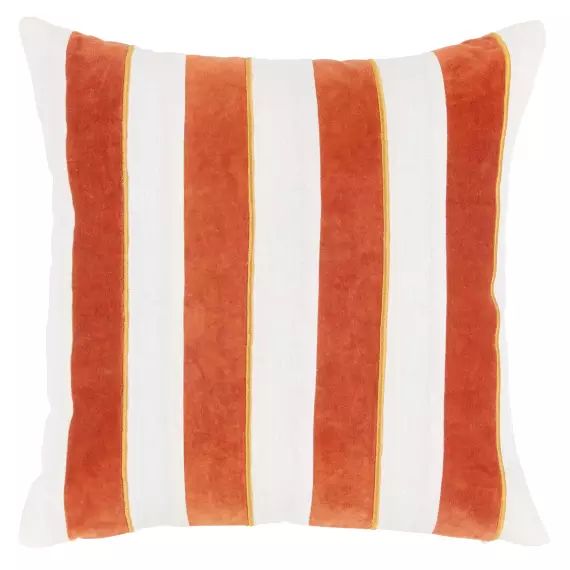 Housse de coussin en velours de coton motifs à rayures orange et écru 40×40
