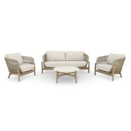 Salon de jardin 4 places en bois et corde beige + table