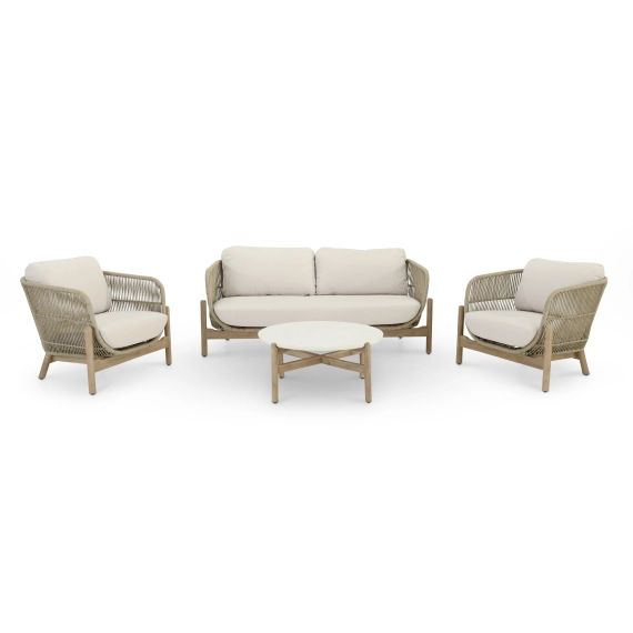 Salon de jardin 4 places en bois et corde beige + table