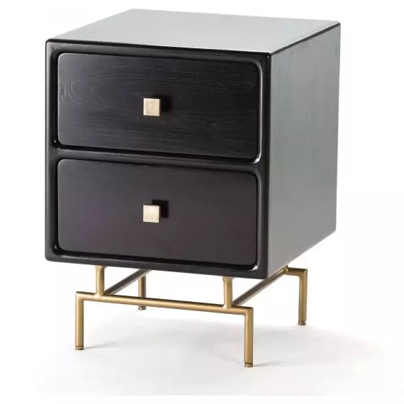 Table de chevet 2 tiroirs en bois couelur noir pieds dorés