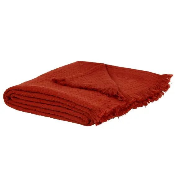 Plaid en coton gaufré terracotta à franges 130×170