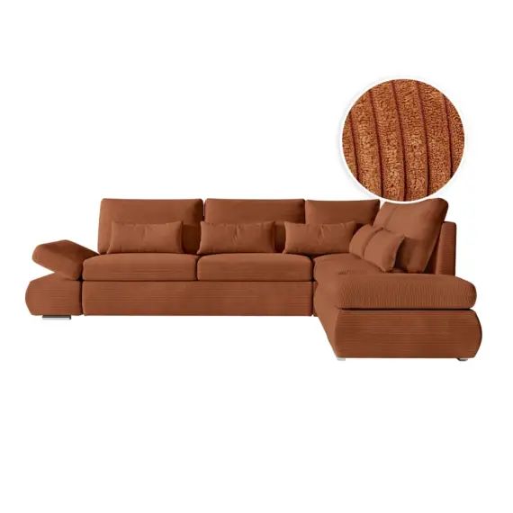 Canapé d&rsquo;angle convertible 4 places en velours côtelé – Terracotta