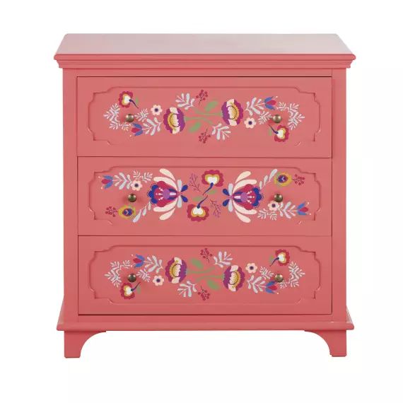 Commode 3 tiroirs rose à motifs multicolores