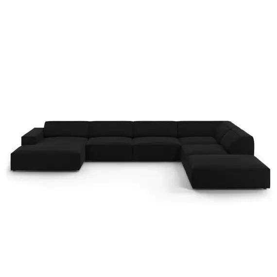 Canapé d’angle droit panoramique 7 places en tissu velours noir