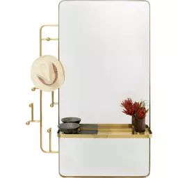 Miroir rectangle avec porte-manteau en acier doré
