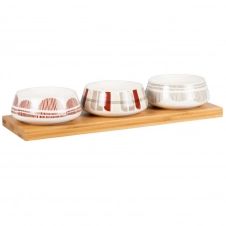 Coupelles apéritives en porcelaine blanche, rouge et grise et plateau en bambou