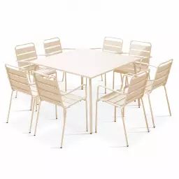 Ensemble table de jardin carrée et 8 fauteuils en métal ivoire