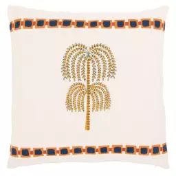 Housse de coussin en coton motif palmier brodé avec perles écru 40×40