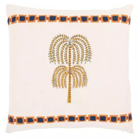 Housse de coussin en coton motif palmier brodé avec perles écru 40×40