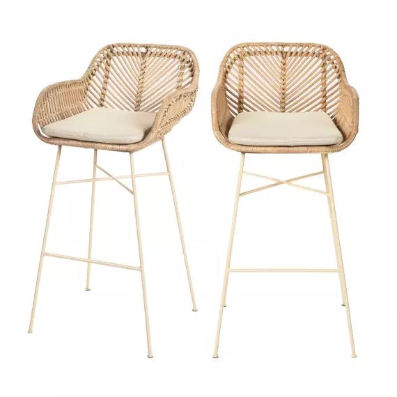 Nunuhai – Lot de 2 tabourets de bar en rotin pieds beige 76cm