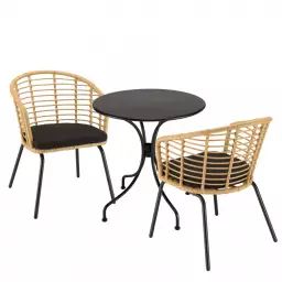 Salon de jardin 2 pers – table ronde D70 et 2 fauteuils beiges/noires
