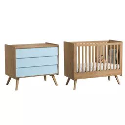 Chambre bébé : Duo – Lit bébé 60×120 commode naturel bleu