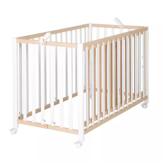 Lit bébé pliant 60×120 réglable en hêtre bio nature et blanc