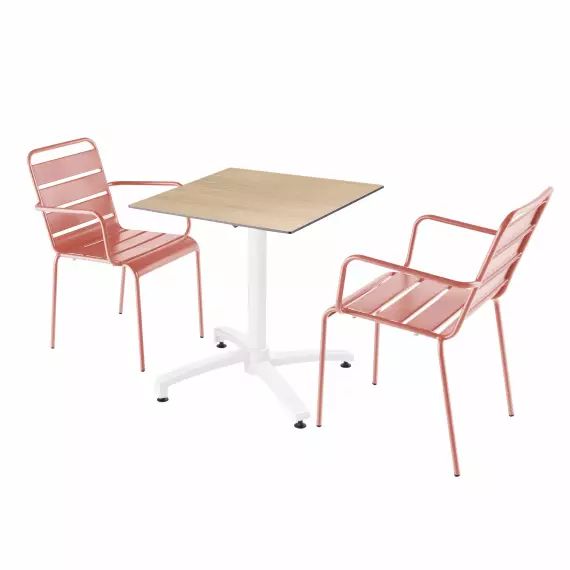 Ensemble table jardin stratifié chêne et 2 fauteuils argile