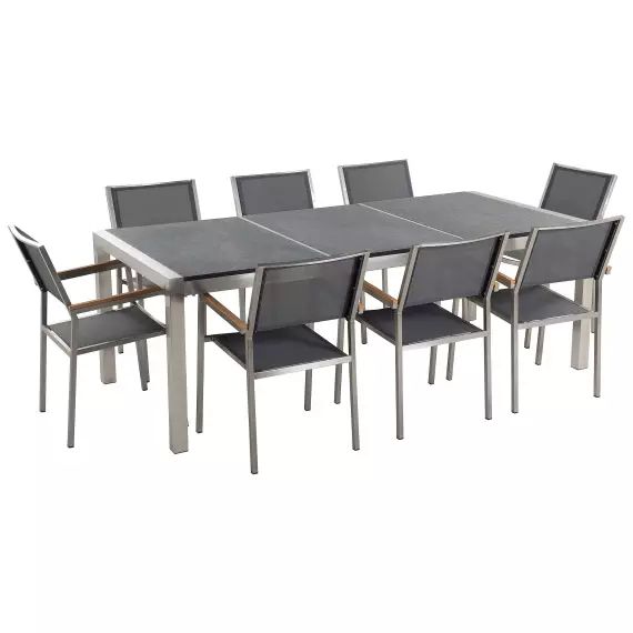 Table de jardin en granit et inox et 8 chaises en acier inox