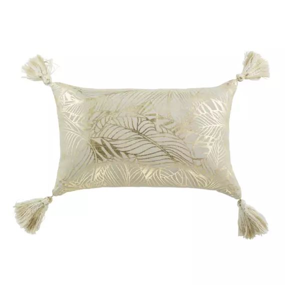 Coussin en lin imprimé feuillage doré et blanc à pompons 40×25