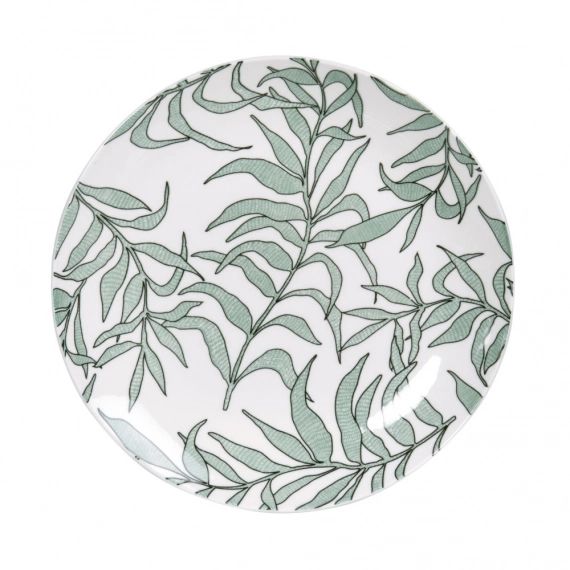 Assiette à dessert en porcelaine blanche motif végétal vert