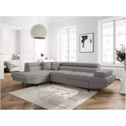 Canapé d’angle RIO Convertible avec coffre en tissu – Angle Gauche, Gris clair, Pieds – Noir – 271 x 192 x 80 cm – Usinestreet