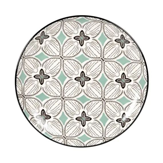 Assiette à dessert en grès motifs graphiques bleu gris, verts et blancs
