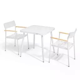 Ensemble table de jardin et 2 fauteuil en aluminium/bois blanc