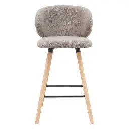 Chaise de bar tissu effet laine bouclette taupe pieds chêne