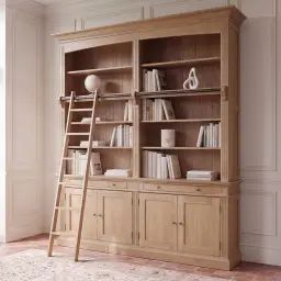 Bibliothèque 2 tiroirs 4 portes avec échelle en chêne