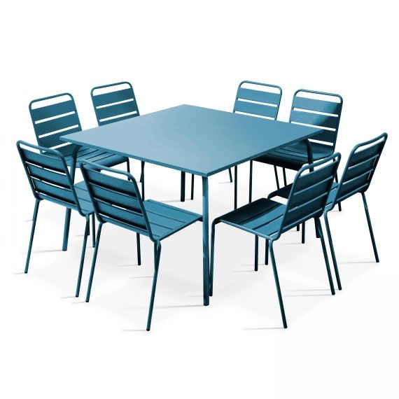 Table de jardin carrée et 8 chaises en métal pacific