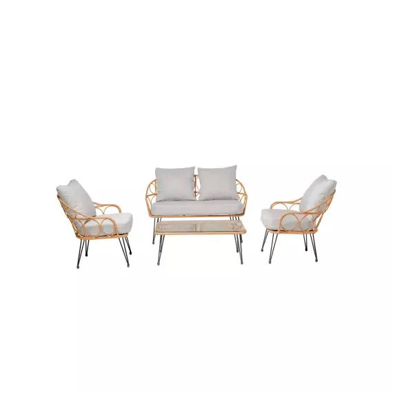 Salon De Jardin 5 Pièces En Polyrotin - 4 Chaises Avec Coussins + Table Ronde Avec Plateau Verre - Couleur Gris