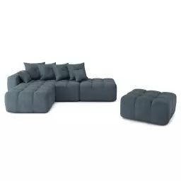 Canapé d’angle gauche convertible en tissu 6 places bleu gris