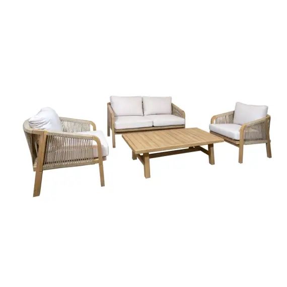 Salon de jardin en bois d&rsquo;acacia et coussins beige 4 places