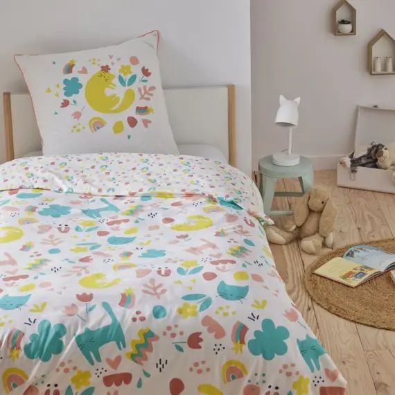 Parure de lit enfant coton  imprimé blanc 140x200cm