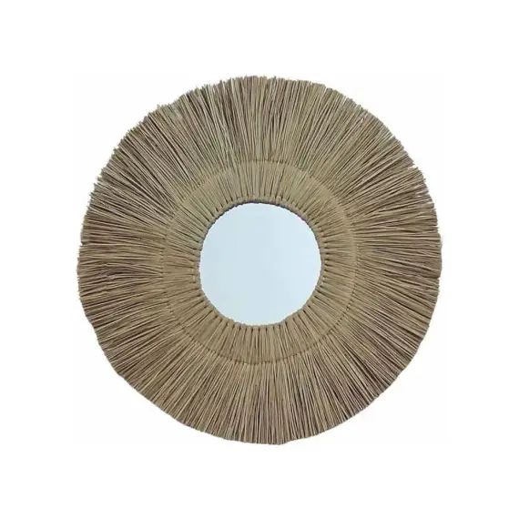 Miroir rond en paille de mendong beige