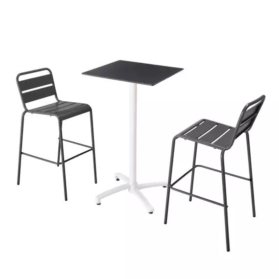 Ensemble table haute stratifié noir et 2 chaises hautes gris