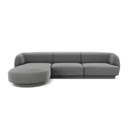Canapé d’angle gauche 4 places en tissu velours gris clair