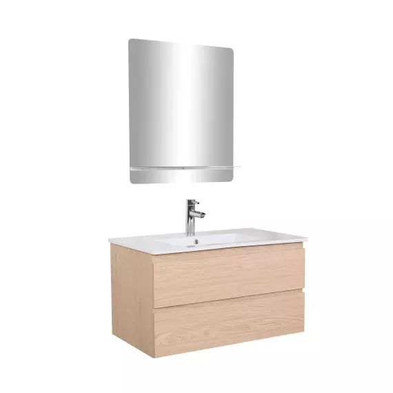 Meuble simple vasque décor chêne 80cm +vasque+robinet+miroir