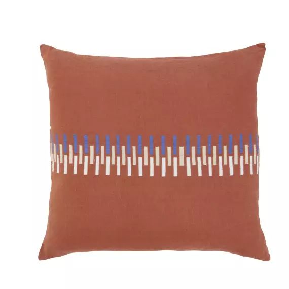 Coussin en coton et lin imprimé écru, bleu et marron 45×45