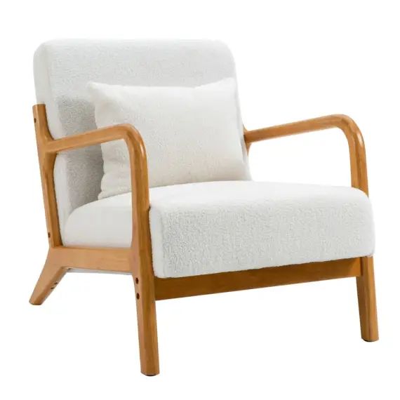 Fauteuil de salon en bois massif et bouclettes blanches