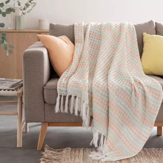 Plaid en chenille motifs à rayures blancs, vert d&rsquo;eau et orange corail 130×170