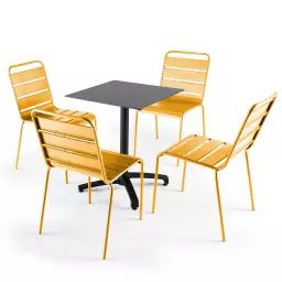 Ensemble table de jardin stratifié ardoise foncé et 4 chaises jaune