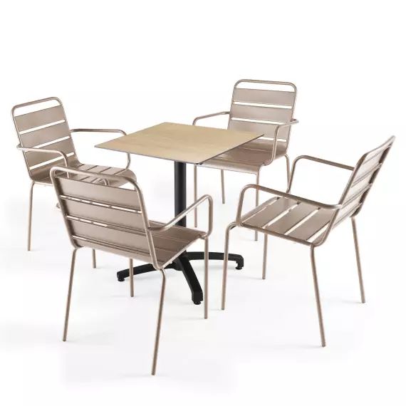 Ensemble table de jardin stratifié chene naturel et 4 fauteuils taupe