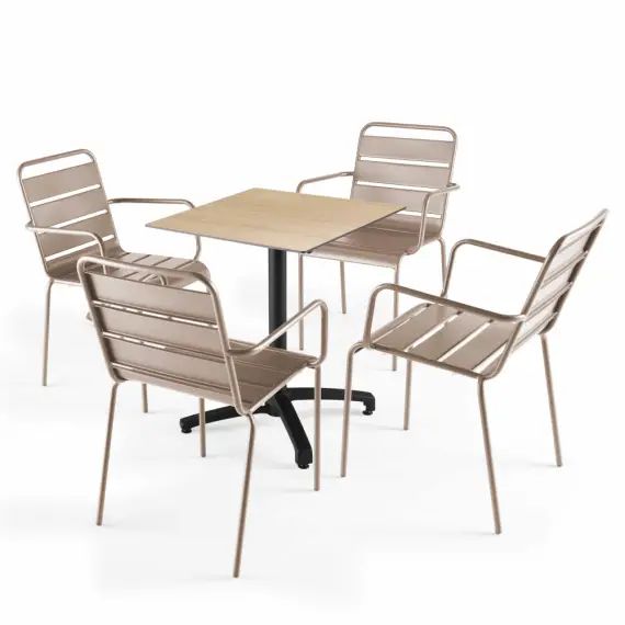 Ensemble table de jardin stratifié chene naturel et 4 fauteuils taupe