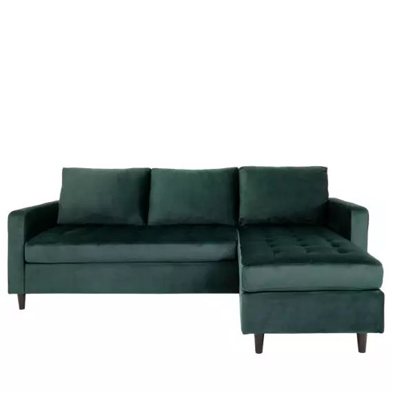 Canapé d’angle réversible 3 places en velours vert pieds bois noir