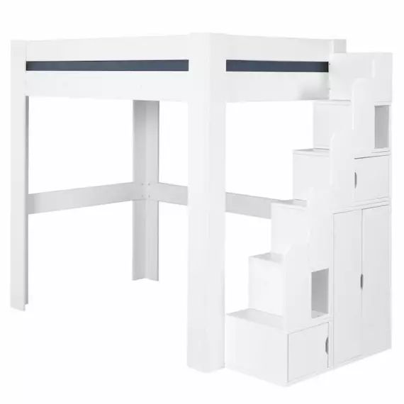 Pack lit mezzanine avec escalier, bureau et matelas Alex Blanc 90×190 cm blanc